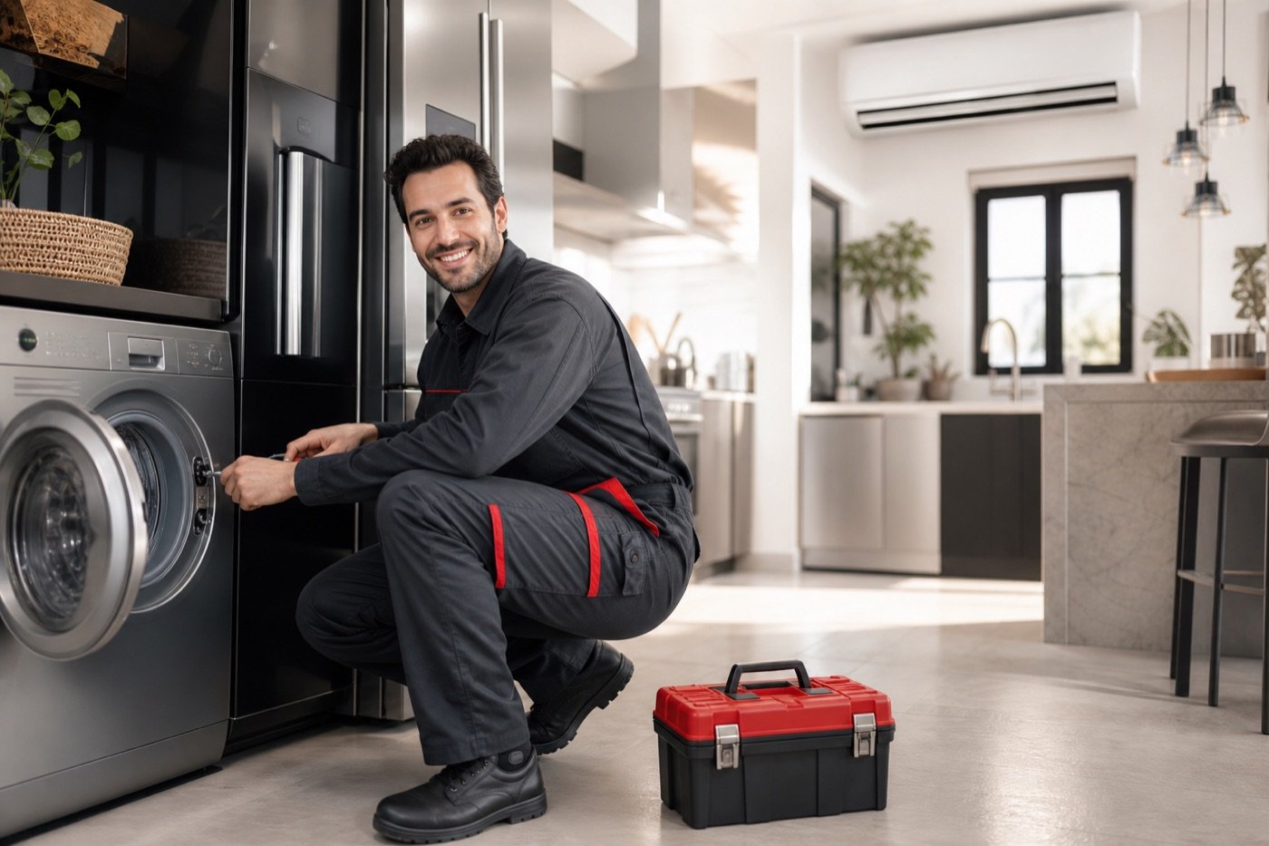 Servisin Yanında teknisyeni modern bir evde beyaz eşya ve klima servisi yaparken